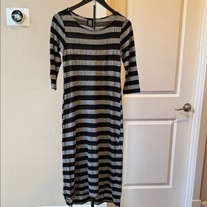 Bobeau Charcoal and Black Striped Long Sleeve Dress